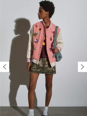 Ultra game x Urban outfitters  Pink & Cream Varsity NBA Jacket w/ Patches Small